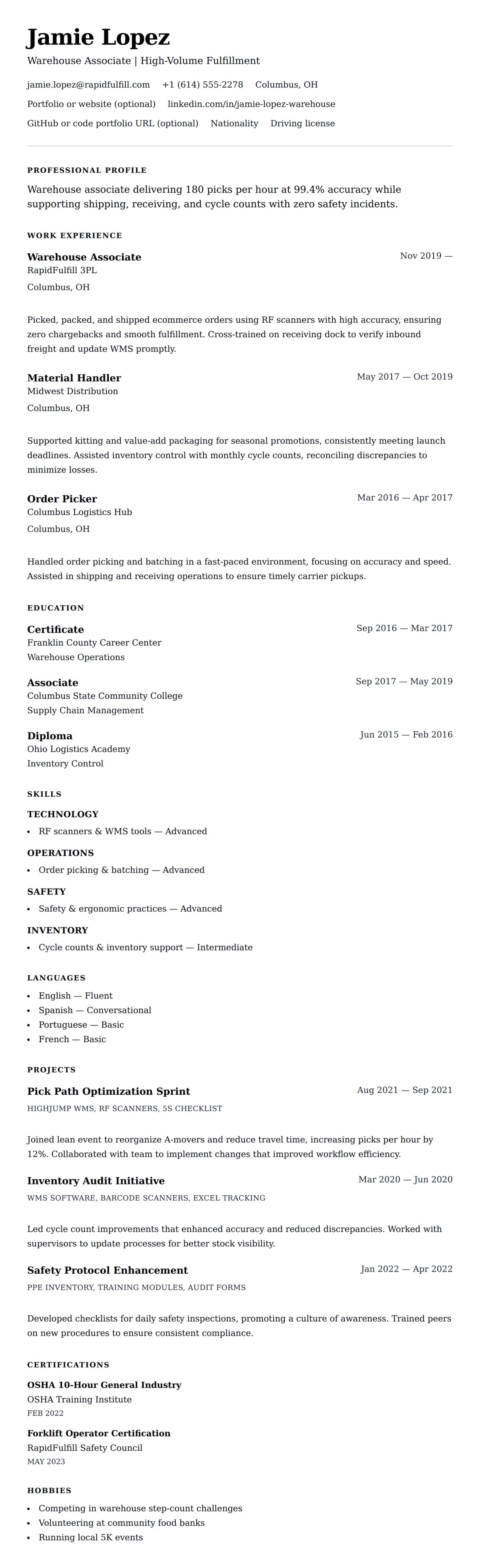 Resume preview for Warehouse Worker Resume Example
