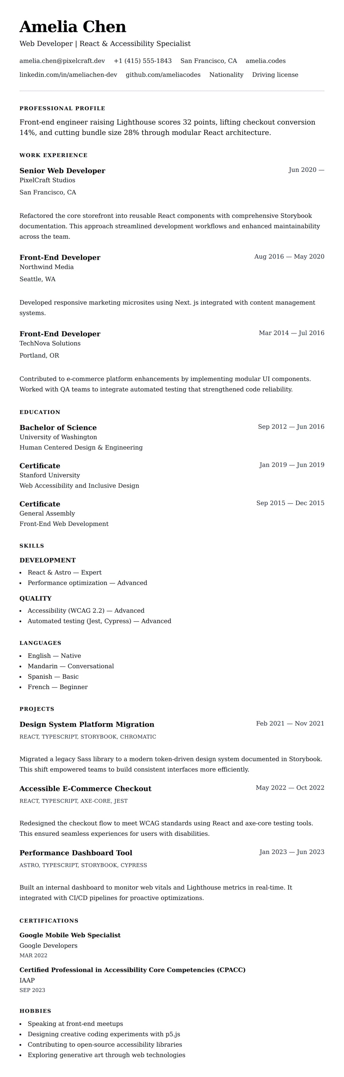 Resume preview for Web Developer Resume Example