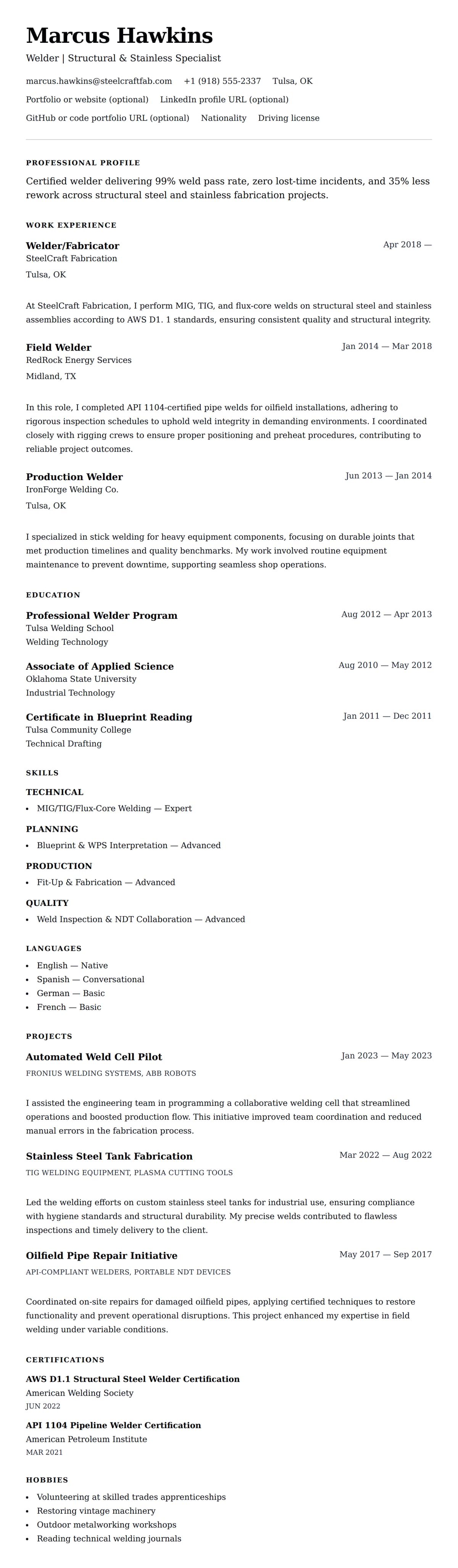 Resume preview for Welder Resume Example