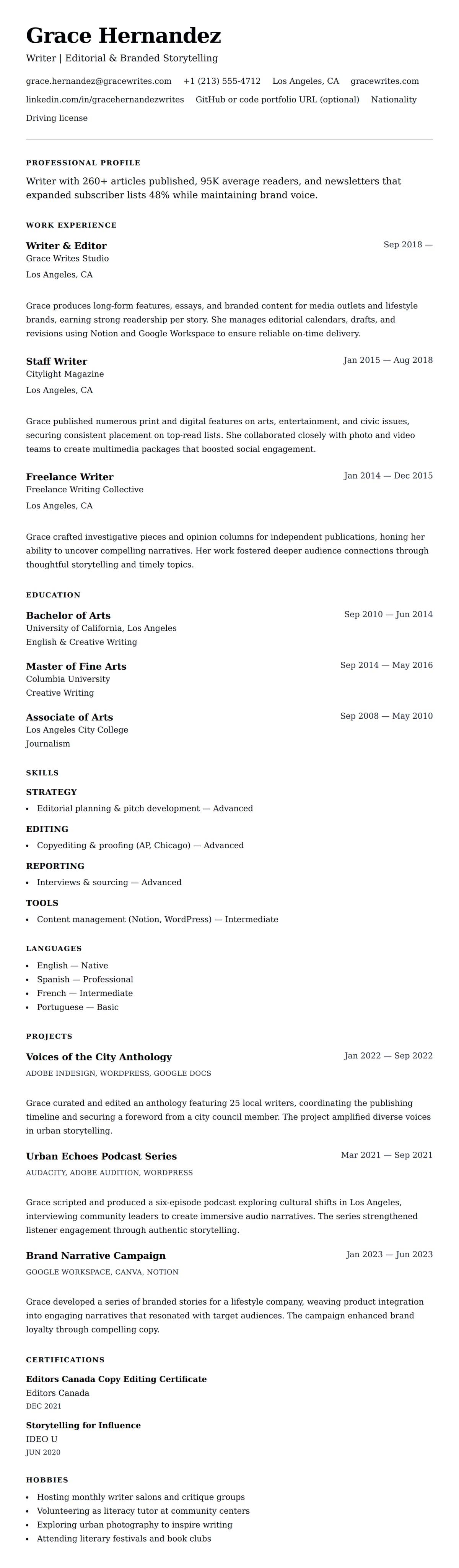 Resume preview for Writer Resume Example