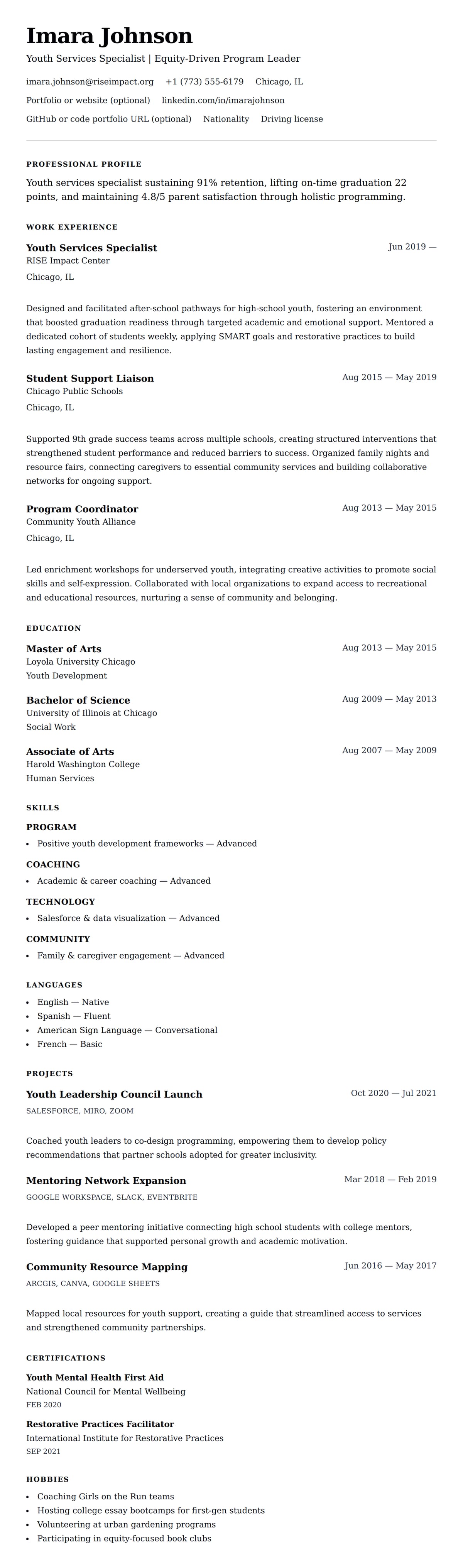 Resume preview for Youth Services Specialist Resume Example