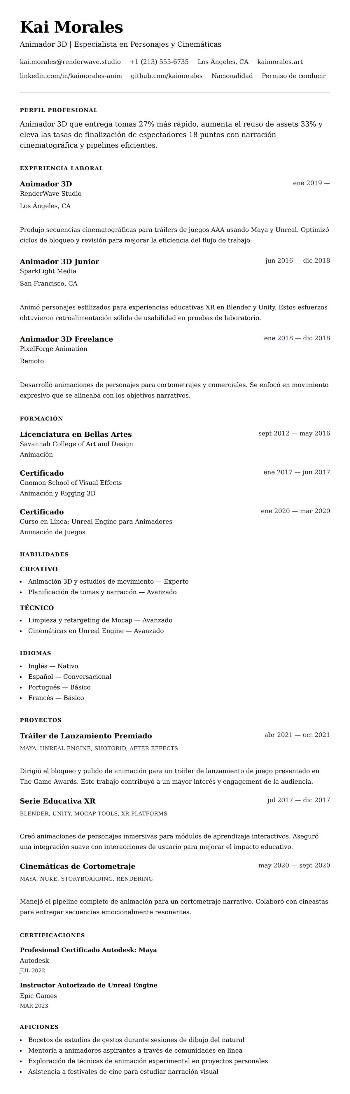 Vista previa del currículum Ejemplo de Currículum de Animador 3D