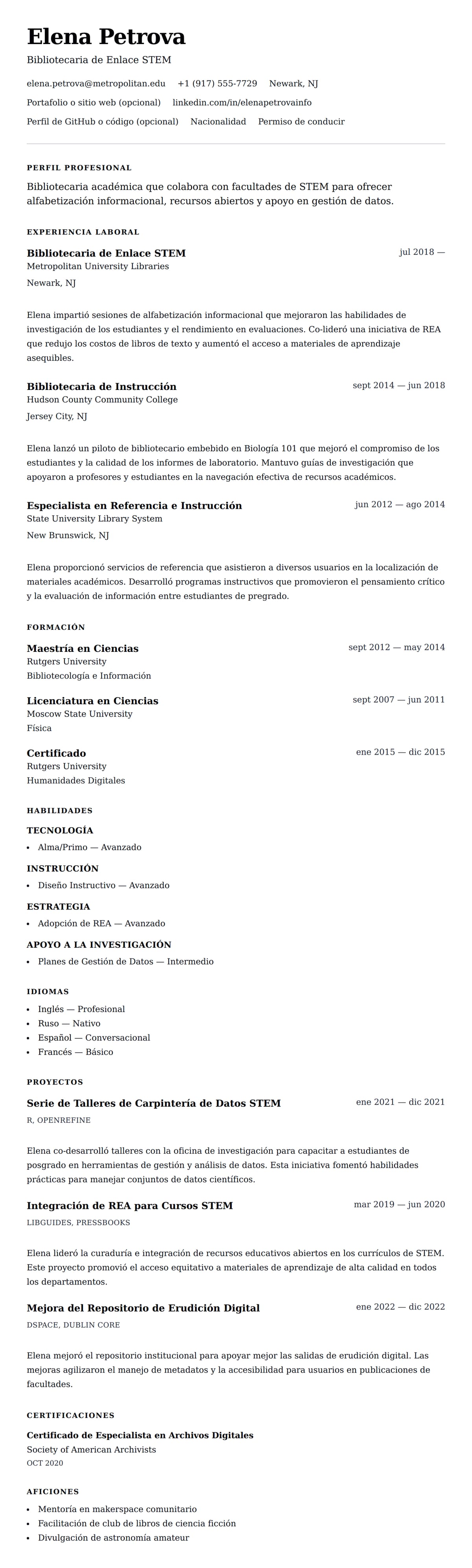 Vista previa del currículum Ejemplo de Currículum de Bibliotecario Académico