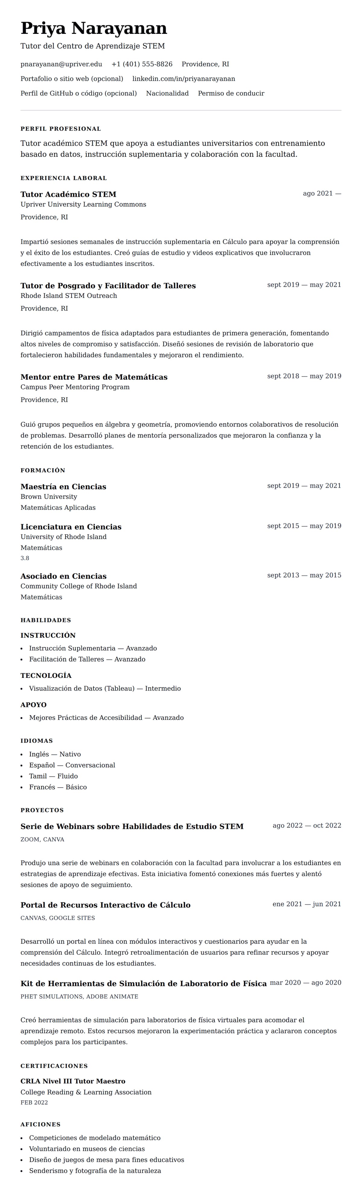 Vista previa del currículum Ejemplo de Currículum de Tutor Académico