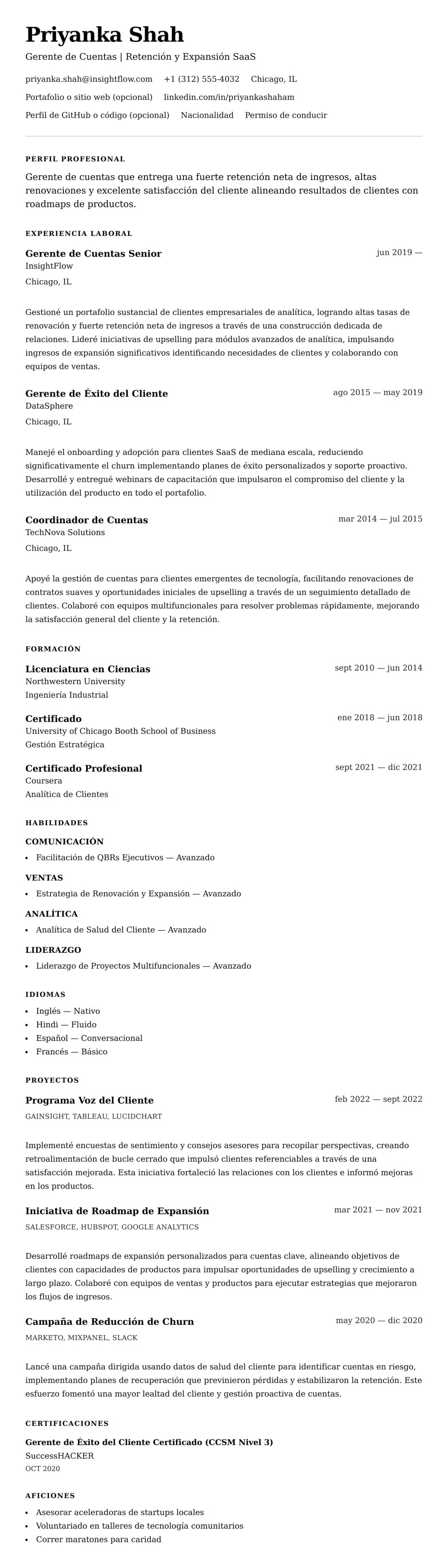 Vista previa del currículum Ejemplo de Currículum de Gerente de Cuentas