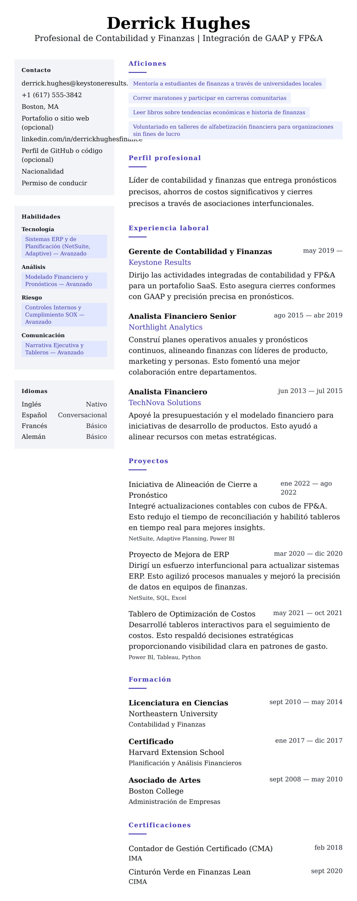 Vista previa del currículum Ejemplo de Currículum de Profesional de Contabilidad y Finanzas