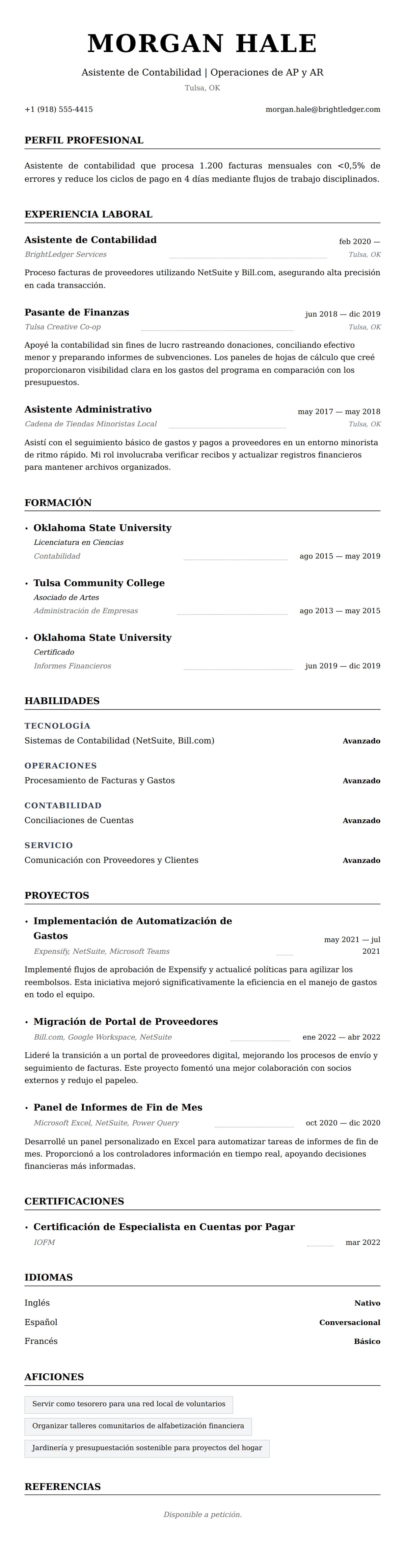 Vista previa del currículum Ejemplo de Currículum de Asistente de Contabilidad
