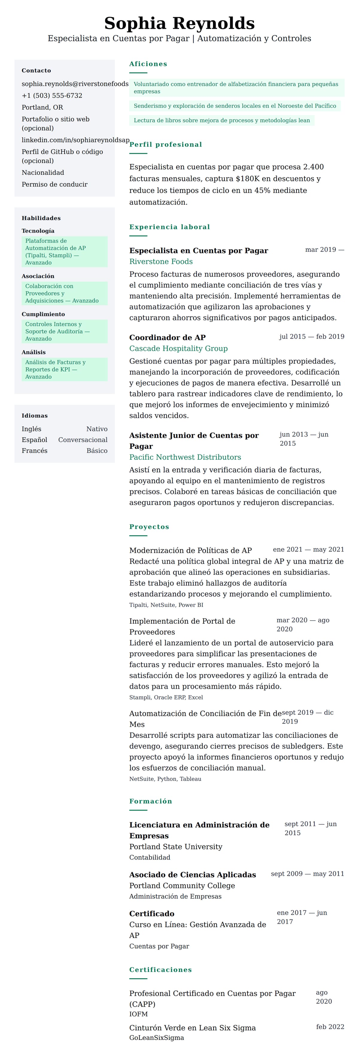 Vista previa del currículum Ejemplo de Currículum de Especialista en Cuentas por Pagar