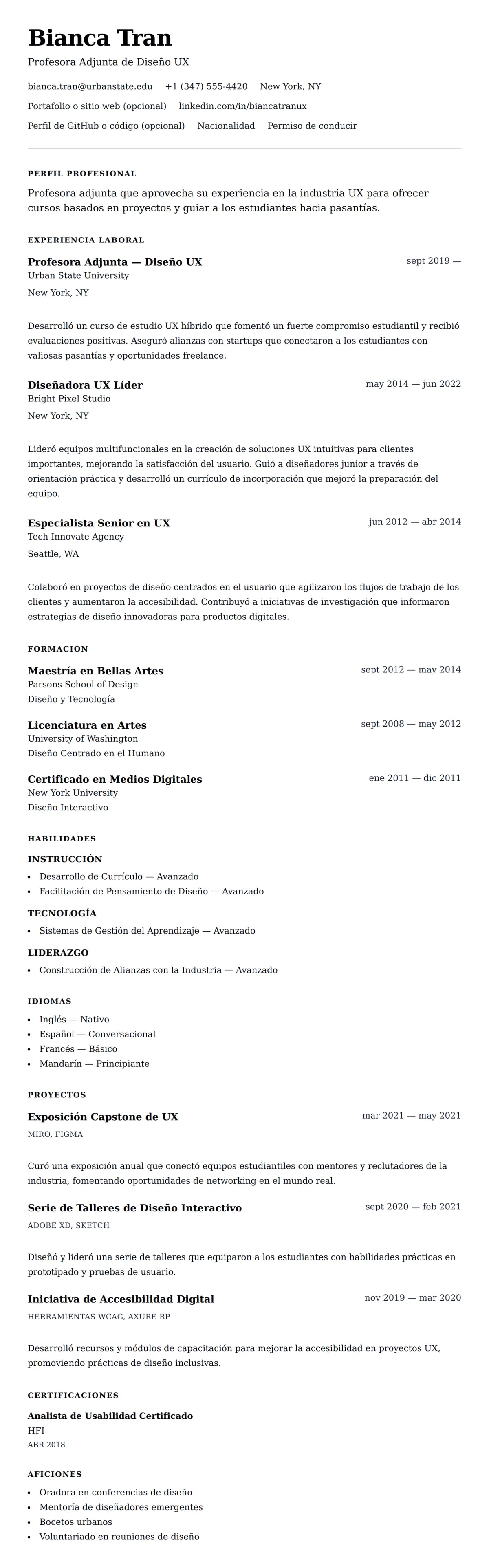 Vista previa del currículum Ejemplo de Currículum de Profesor Adjunto