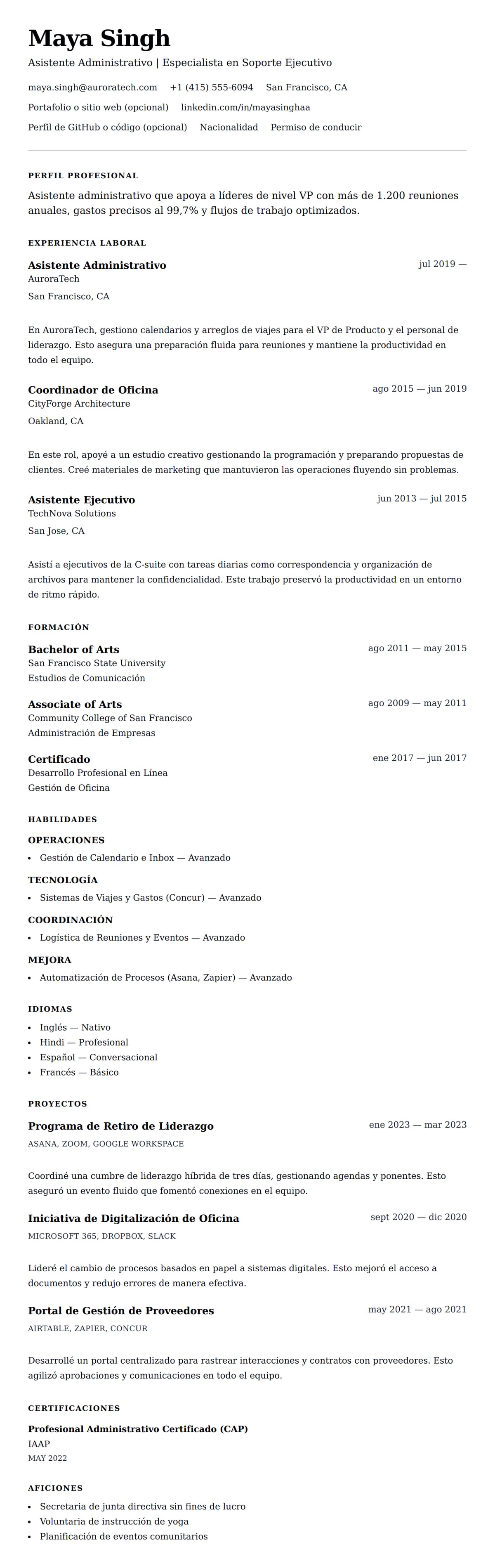 Vista previa del currículum Ejemplo de Currículum de Asistente Administrativo