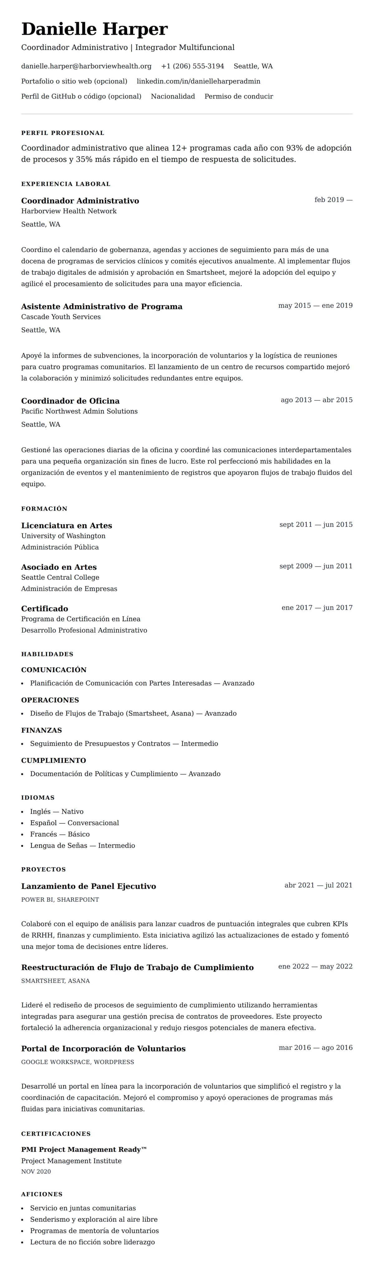 Vista previa del currículum Ejemplo de Currículum de Coordinador Administrativo