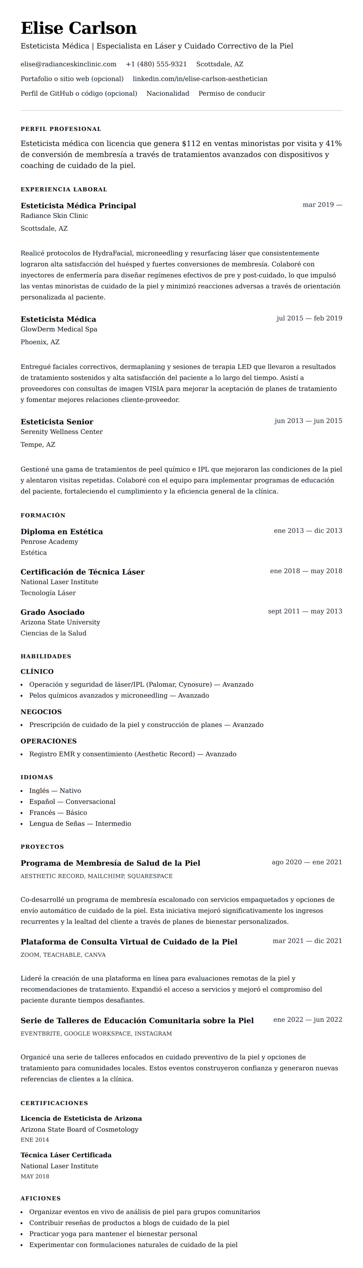 Vista previa del currículum Ejemplo de Currículum de Esteticista Médica