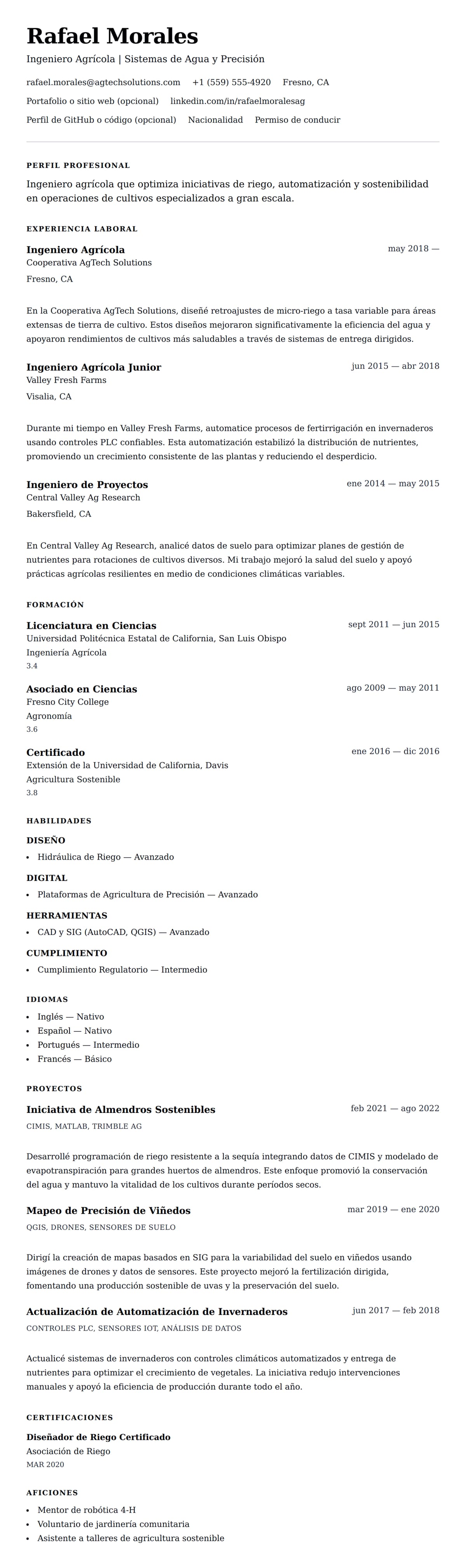 Vista previa del currículum Ejemplo de Currículum de Ingeniero Agrícola