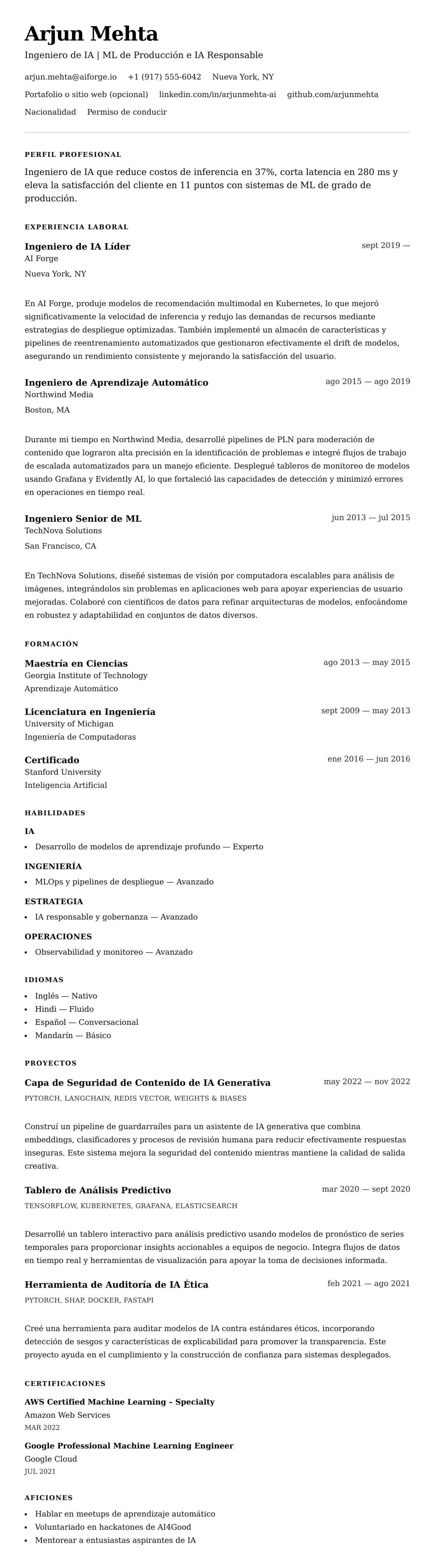 Vista previa del currículum Ejemplo de Currículum de Ingeniero de IA