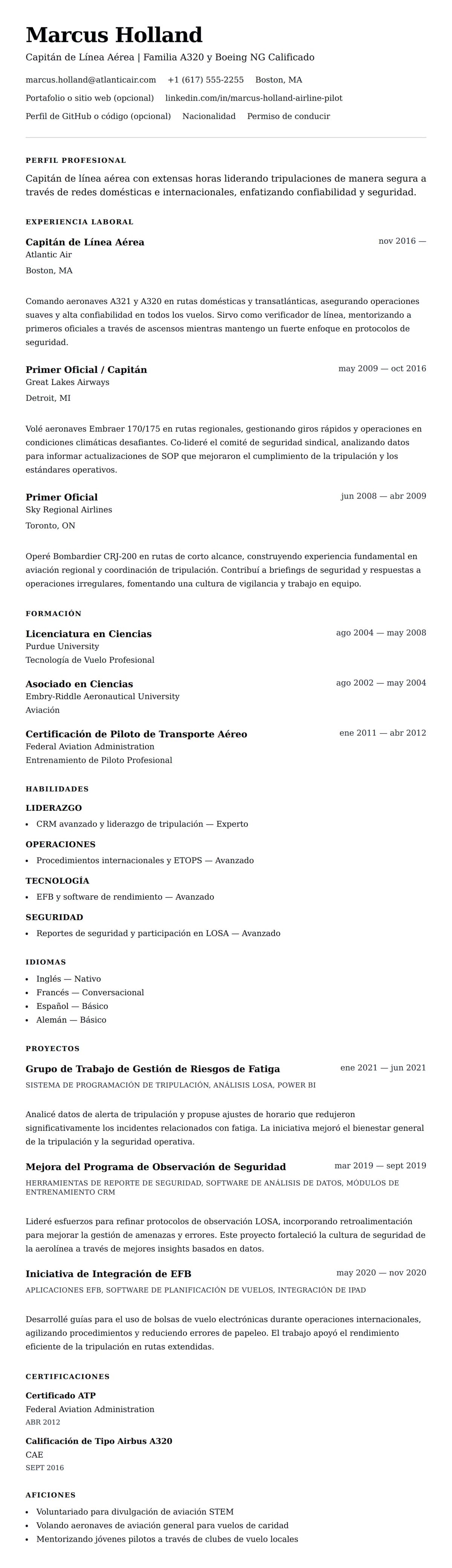 Vista previa del currículum Ejemplo de Currículum de Piloto de Línea Aérea