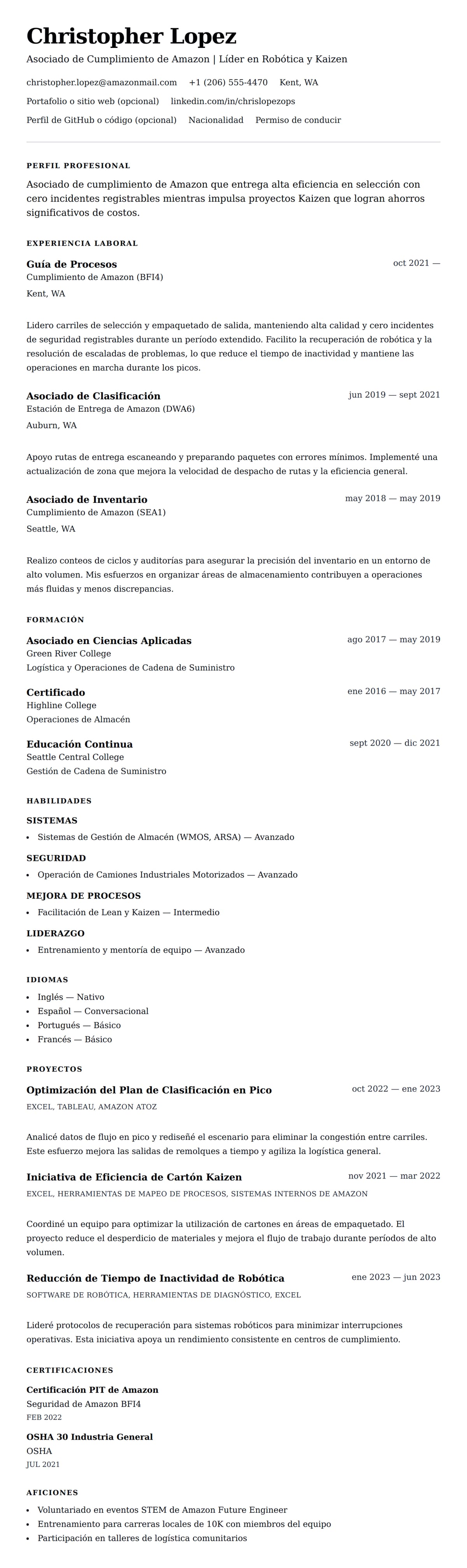 Vista previa del currículum Ejemplo de Currículum de Asociado de Amazon