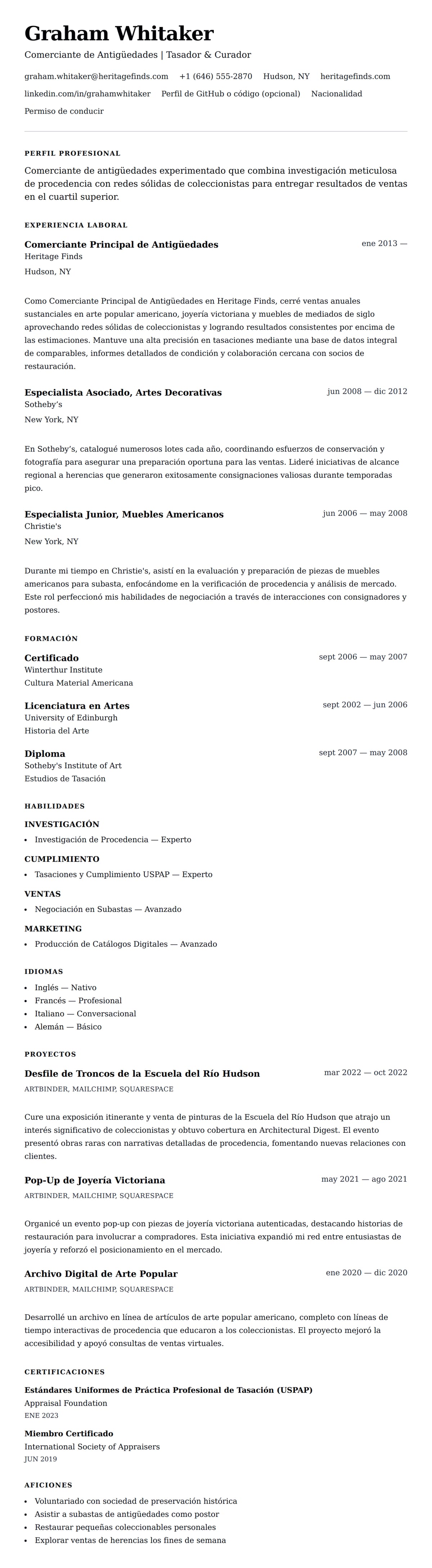 Vista previa del currículum Ejemplo de Currículum de Comerciante de Antigüedades