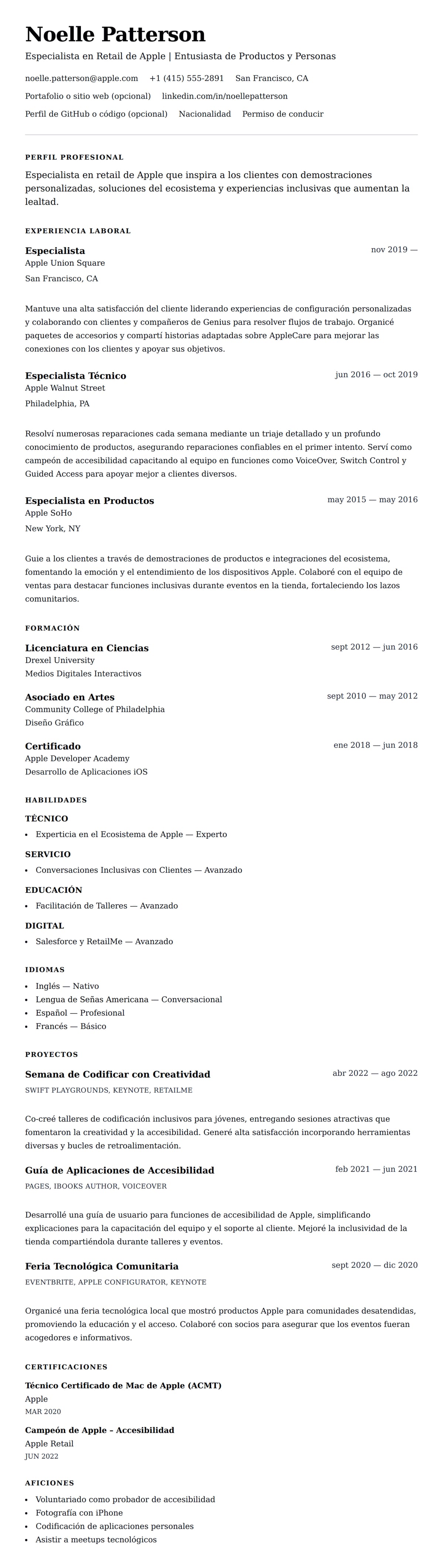 Vista previa del currículum Ejemplo de Currículum de Especialista en Retail de Apple