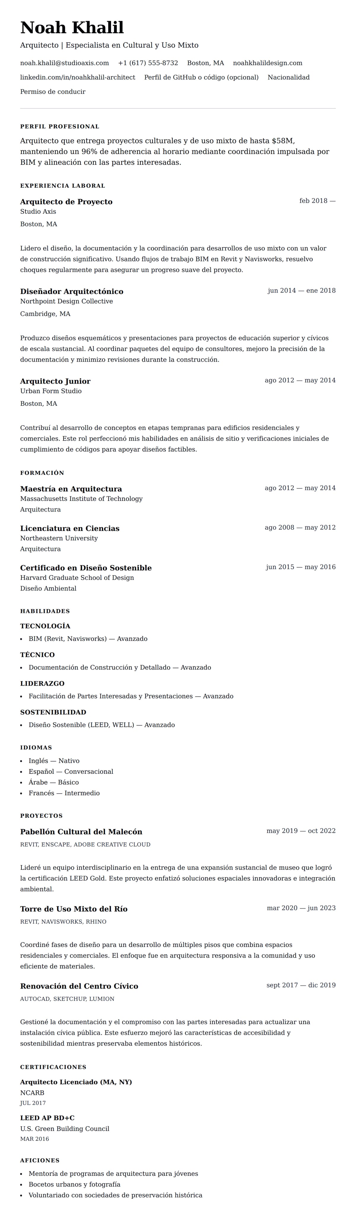 Vista previa del currículum Ejemplo de Currículum de Arquitecto