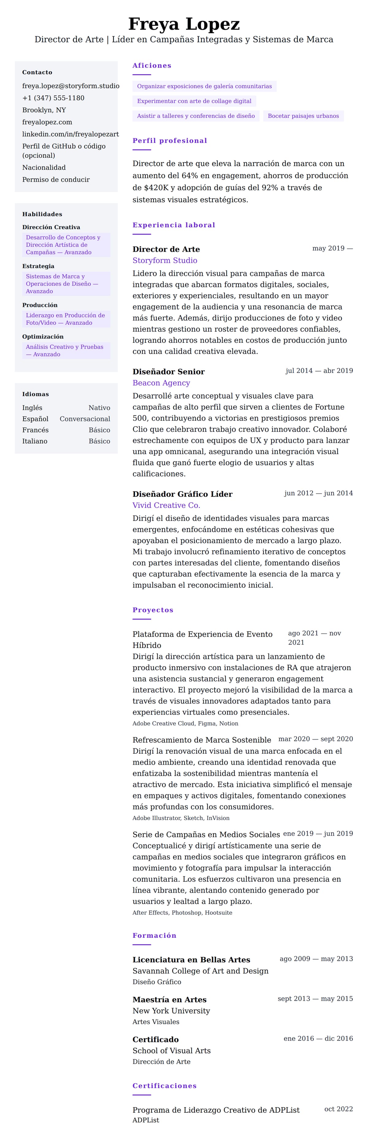 Vista previa del currículum Ejemplo de Currículum de Director de Arte