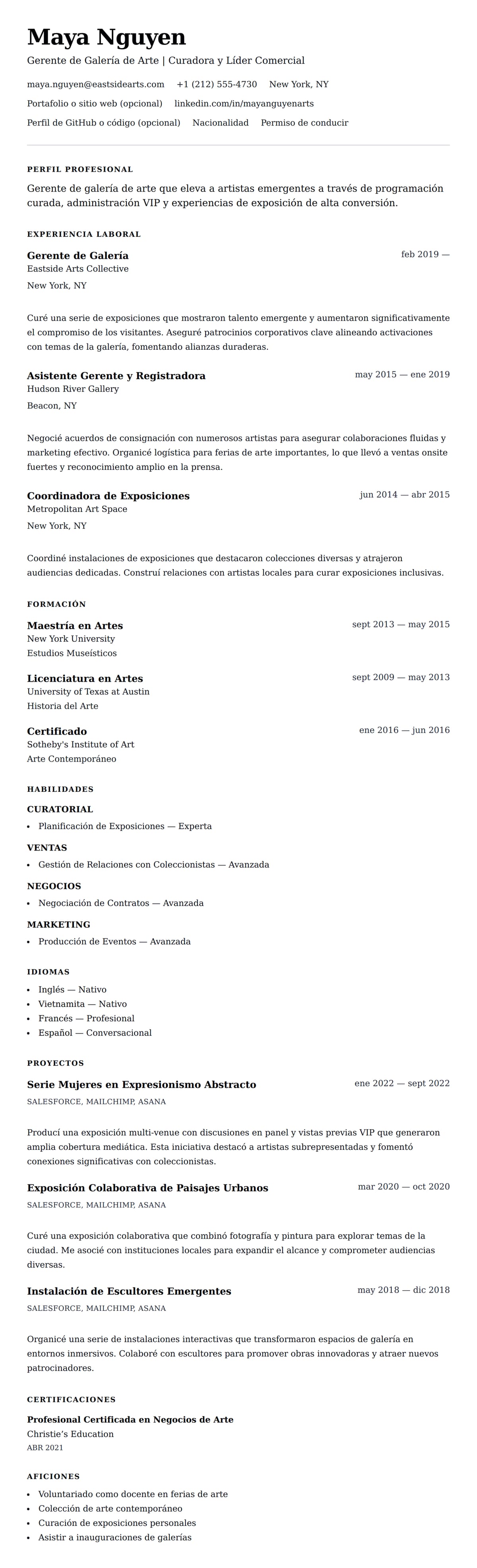 Vista previa del currículum Ejemplo de Currículum de Gerente de Galería de Arte