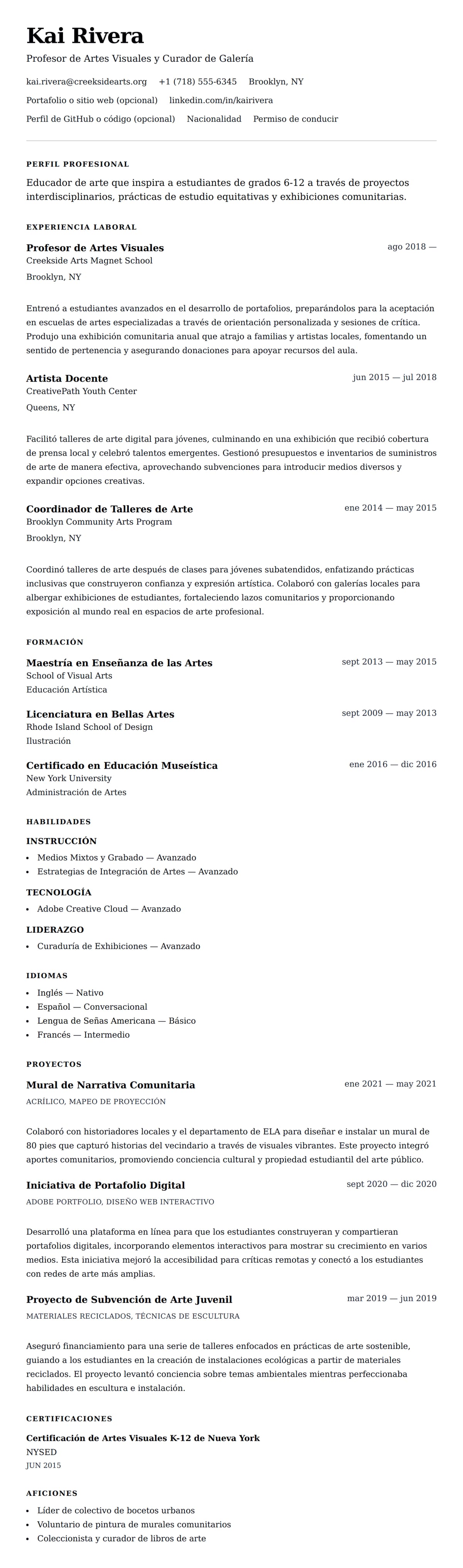 Vista previa del currículum Ejemplo de Currículum de Profesor de Arte