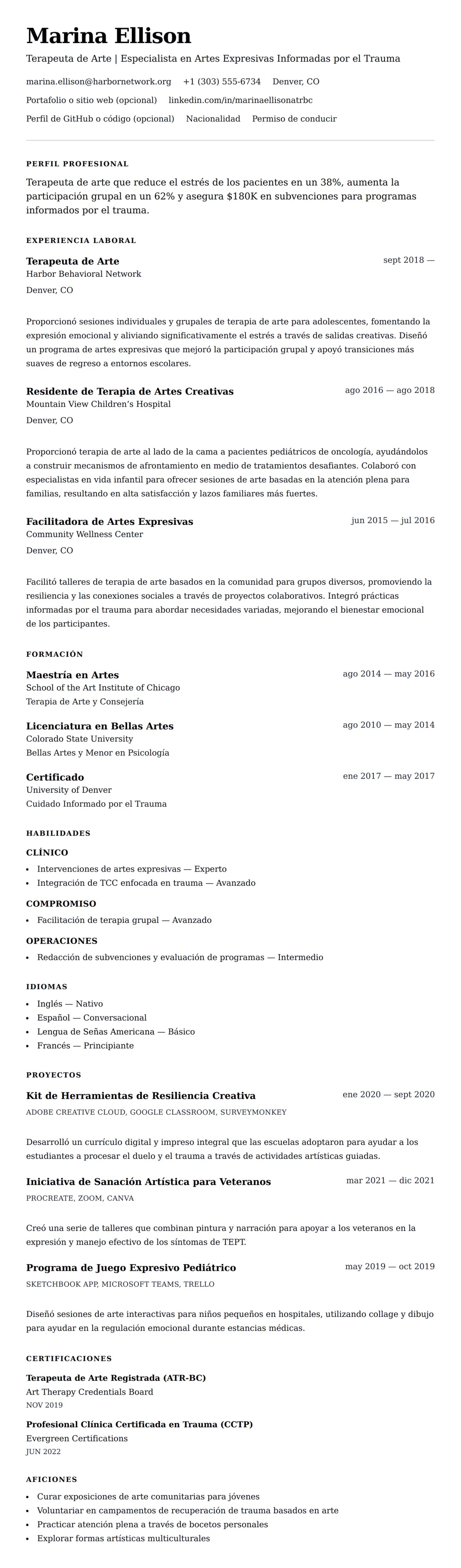 Vista previa del currículum Ejemplo de Currículum de Terapeuta de Arte
