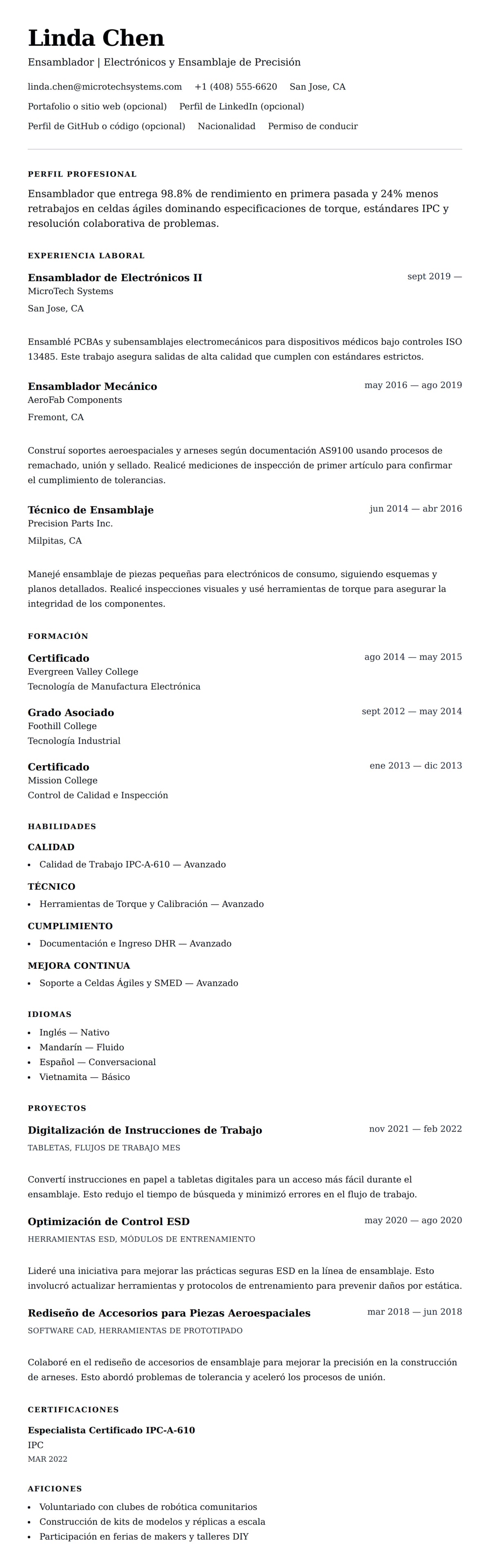 Vista previa del currículum Ejemplo de Currículum de Ensamblador