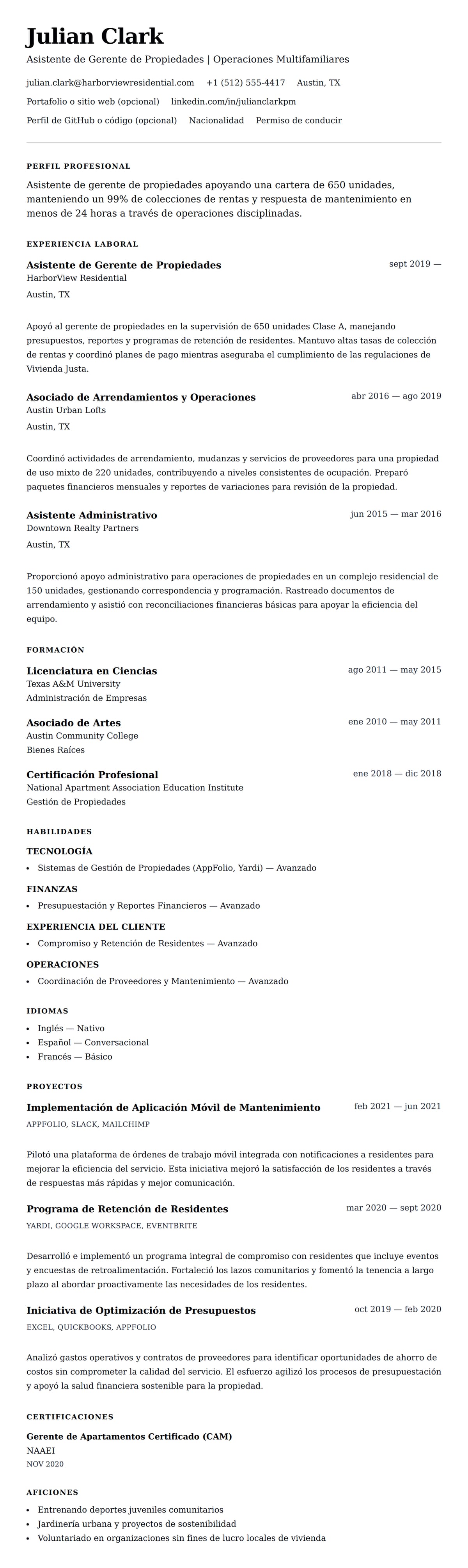 Vista previa del currículum Ejemplo de Currículum de Asistente de Gerente de Propiedades