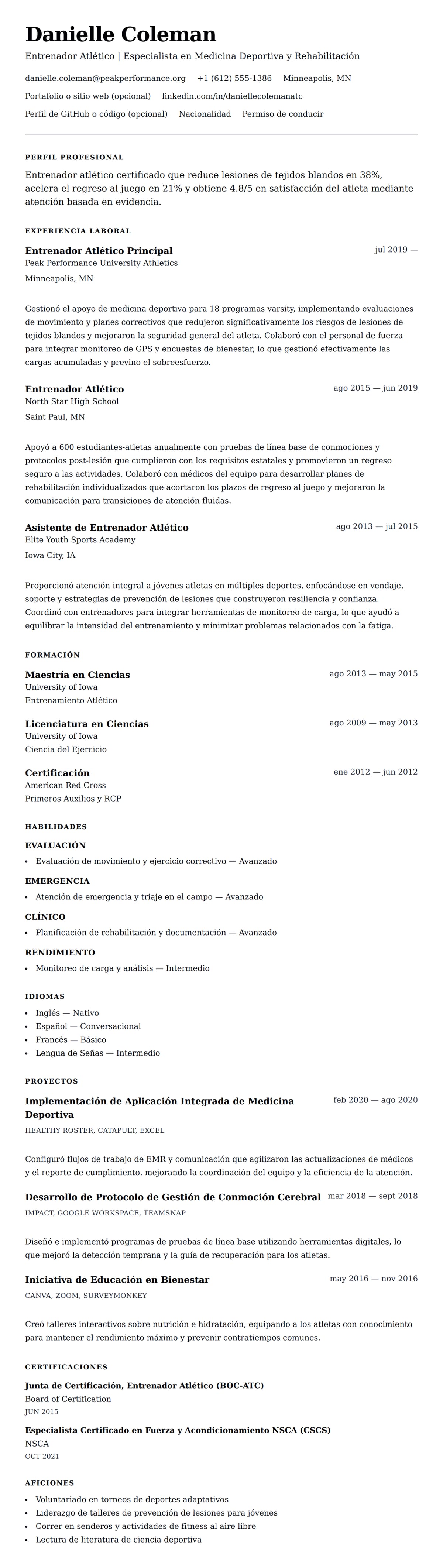 Vista previa del currículum Ejemplo de Currículum de Entrenador Atlético