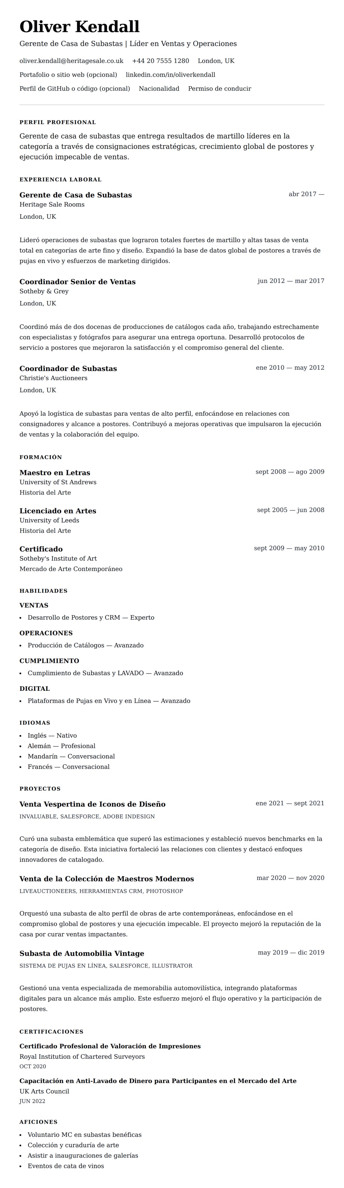 Vista previa del currículum Ejemplo de Currículum de Gerente de Casa de Subastas
