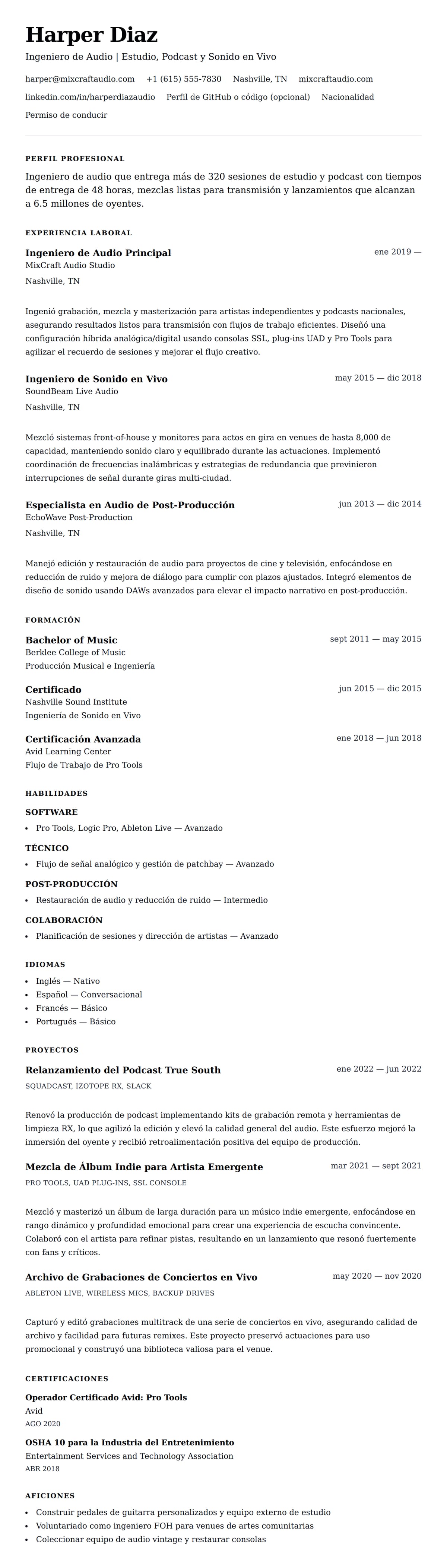 Vista previa del currículum Ejemplo de Currículum de Ingeniero de Audio