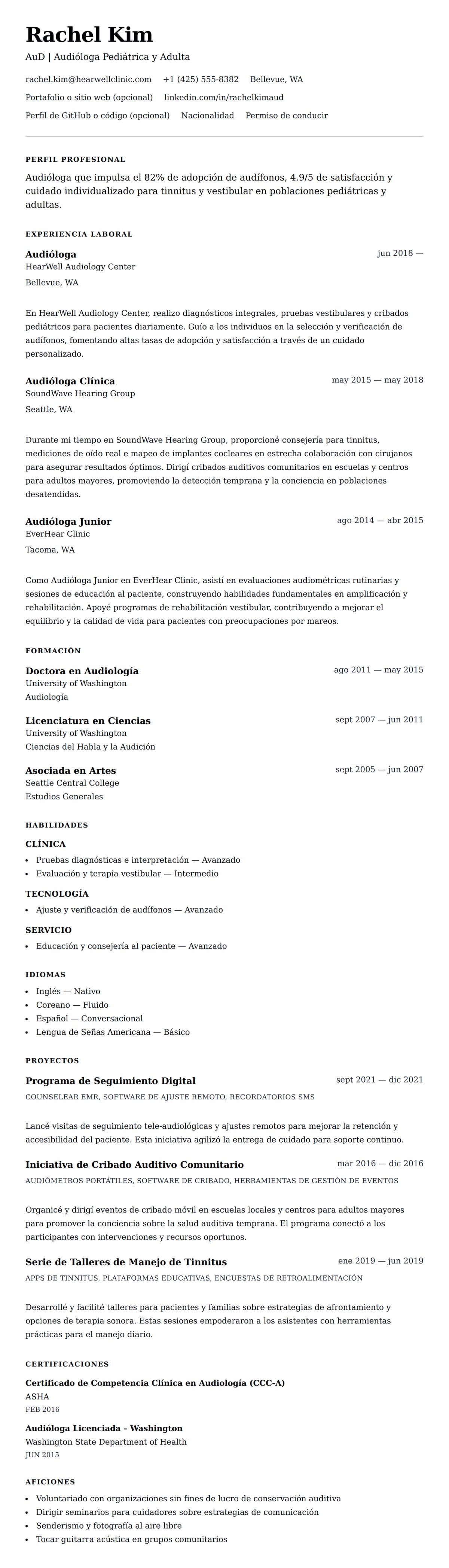 Vista previa del currículum Ejemplo de Currículum de Audiólogo