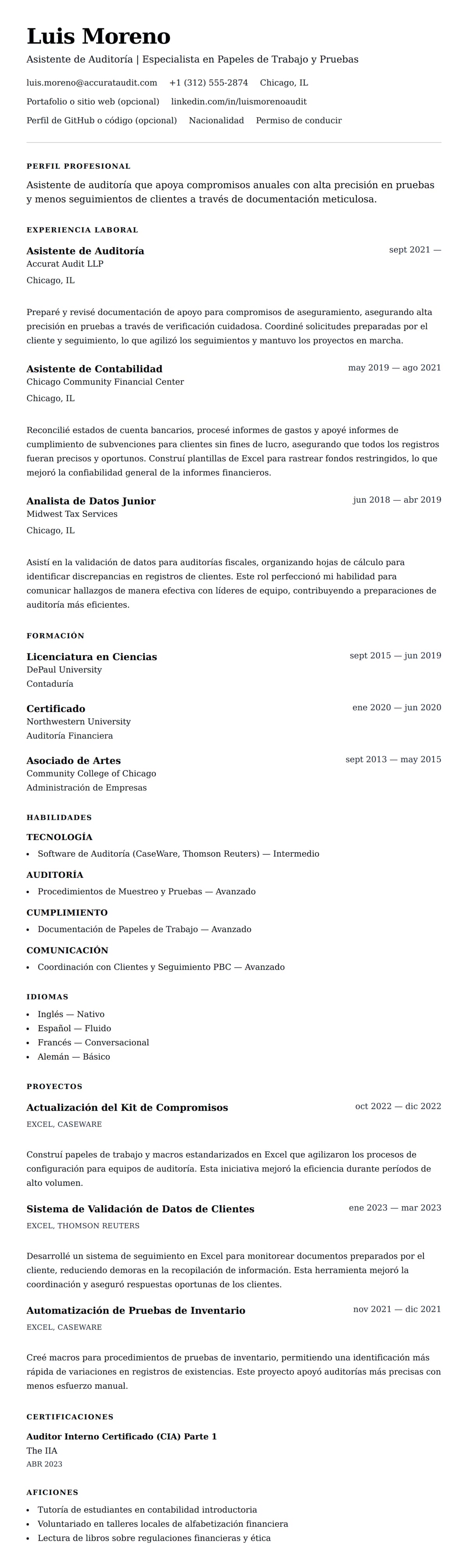 Vista previa del currículum Ejemplo de Currículum de Asistente de Auditoría
