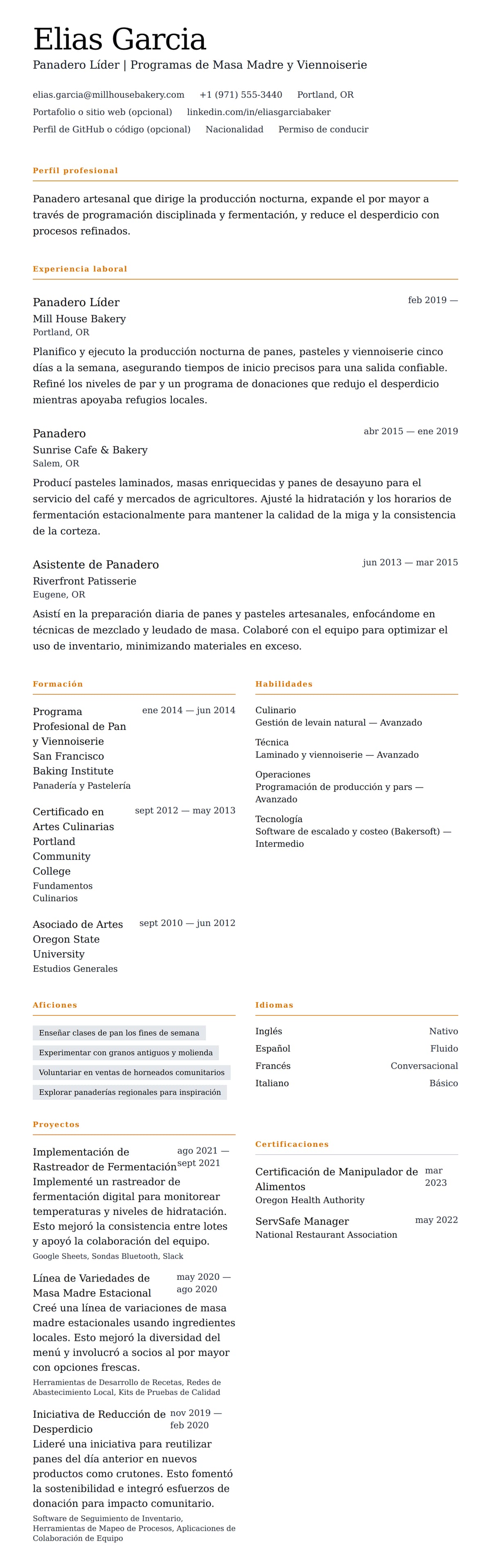 Vista previa del currículum Ejemplo de Currículum de Panadero