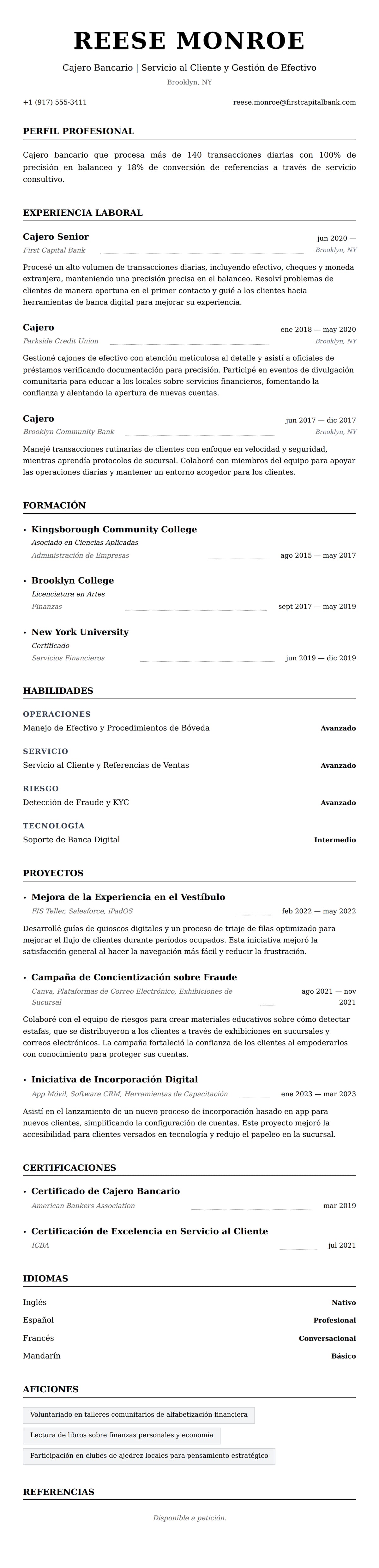Vista previa del currículum Ejemplo de Currículum de Cajero Bancario