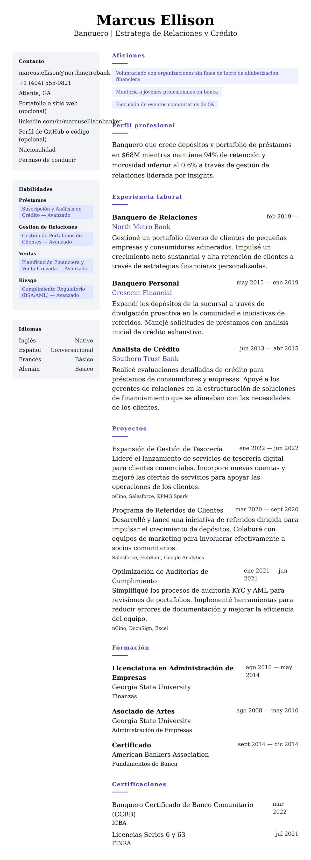 Vista previa del currículum Ejemplo de Currículum de Banquero