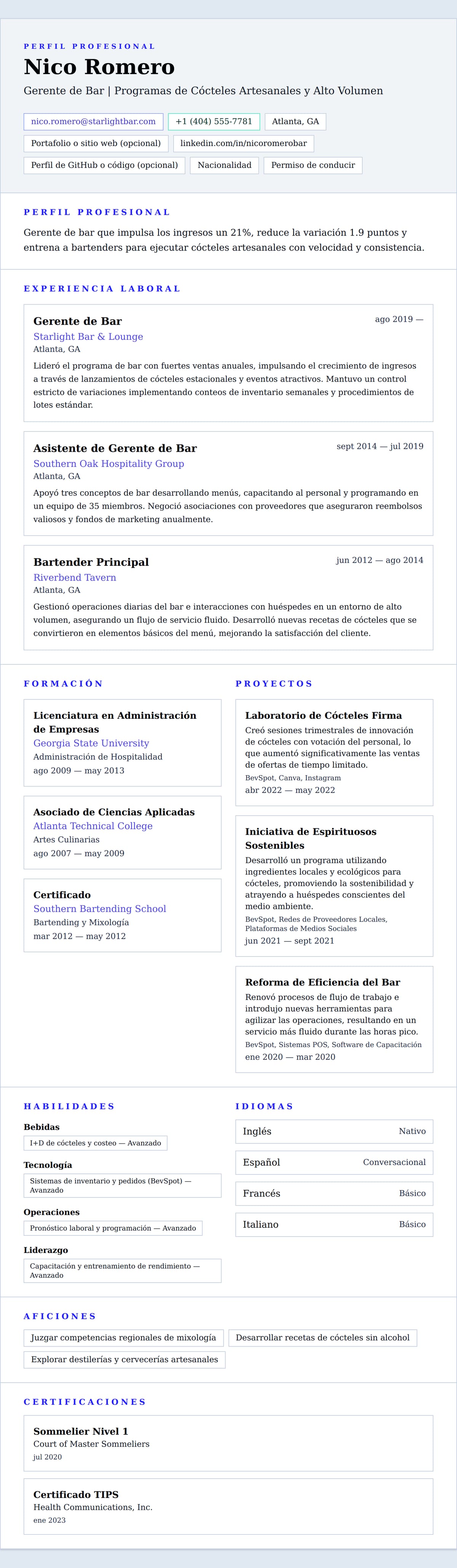 Vista previa del currículum Ejemplo de Currículum de Gerente de Bar