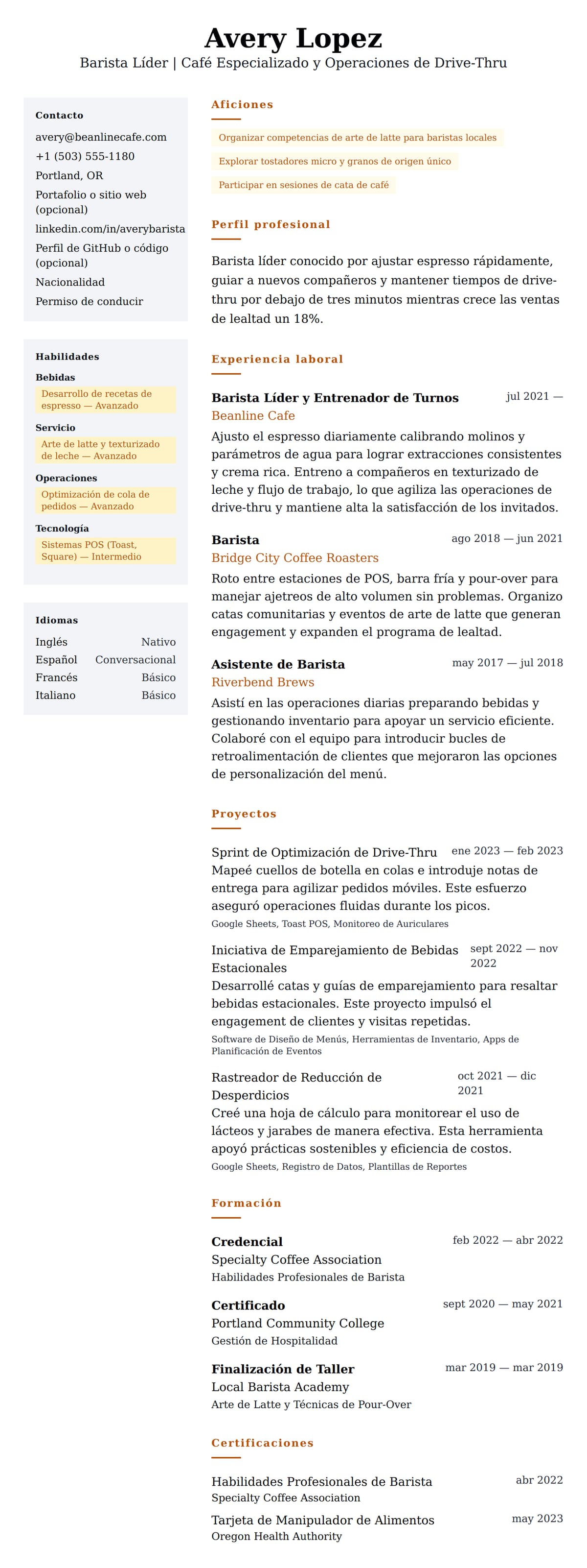 Vista previa del currículum Ejemplo de Currículum de Barista