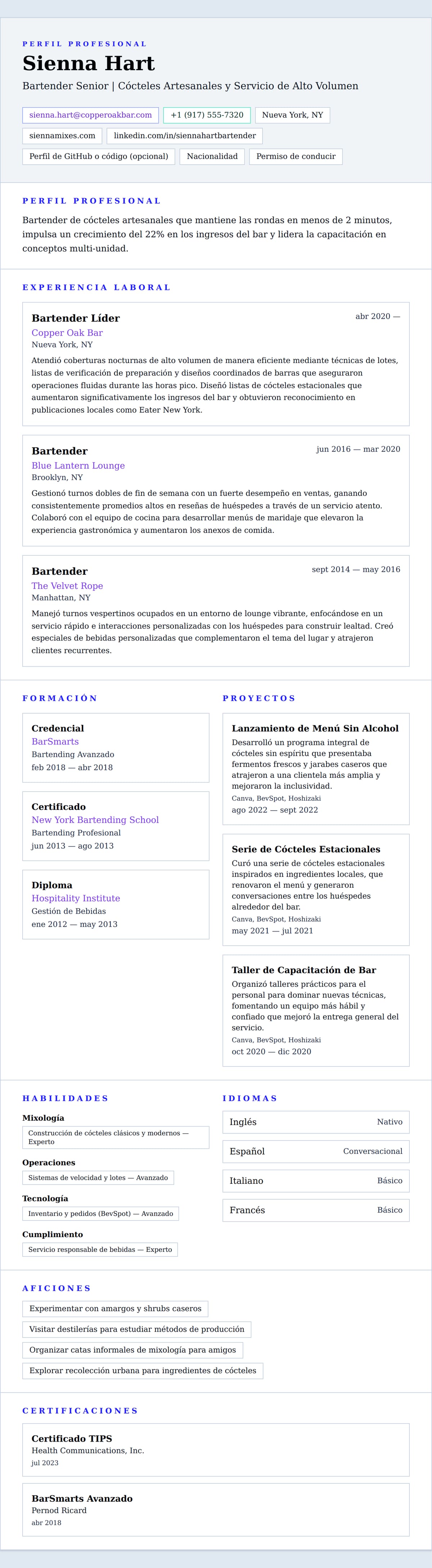 Vista previa del currículum Ejemplo de Currículum de Bartender