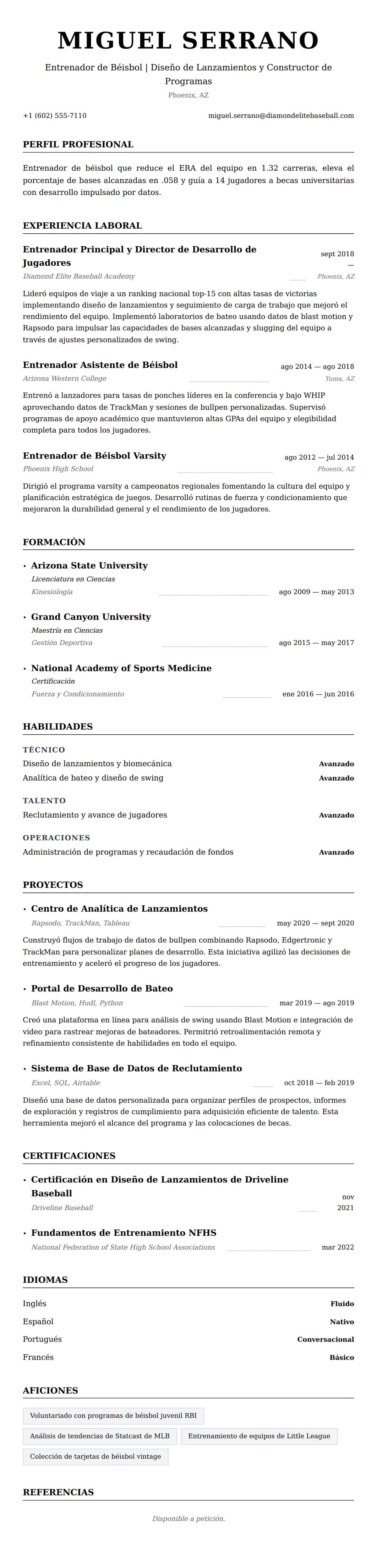 Vista previa del currículum Ejemplo de Currículum de Entrenador de Béisbol