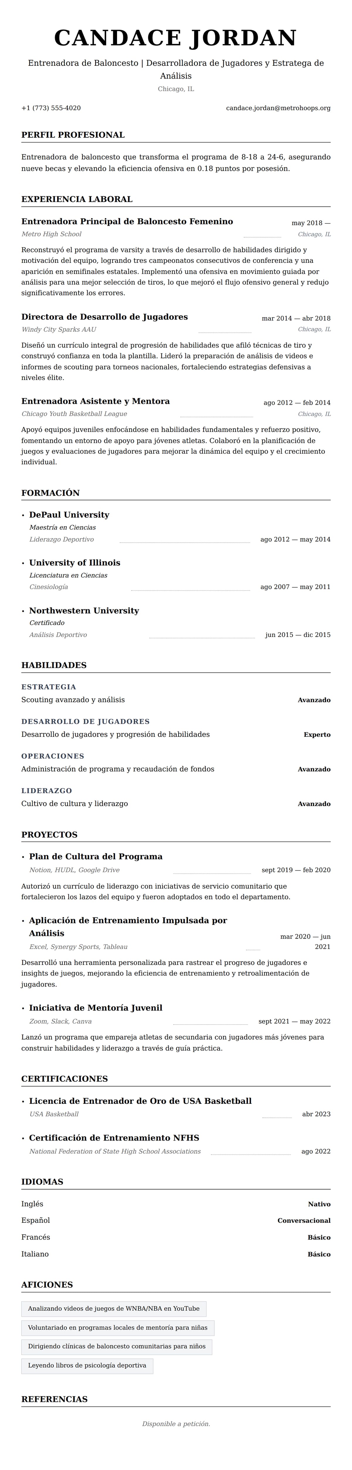 Vista previa del currículum Ejemplo de Currículum de Entrenador de Baloncesto