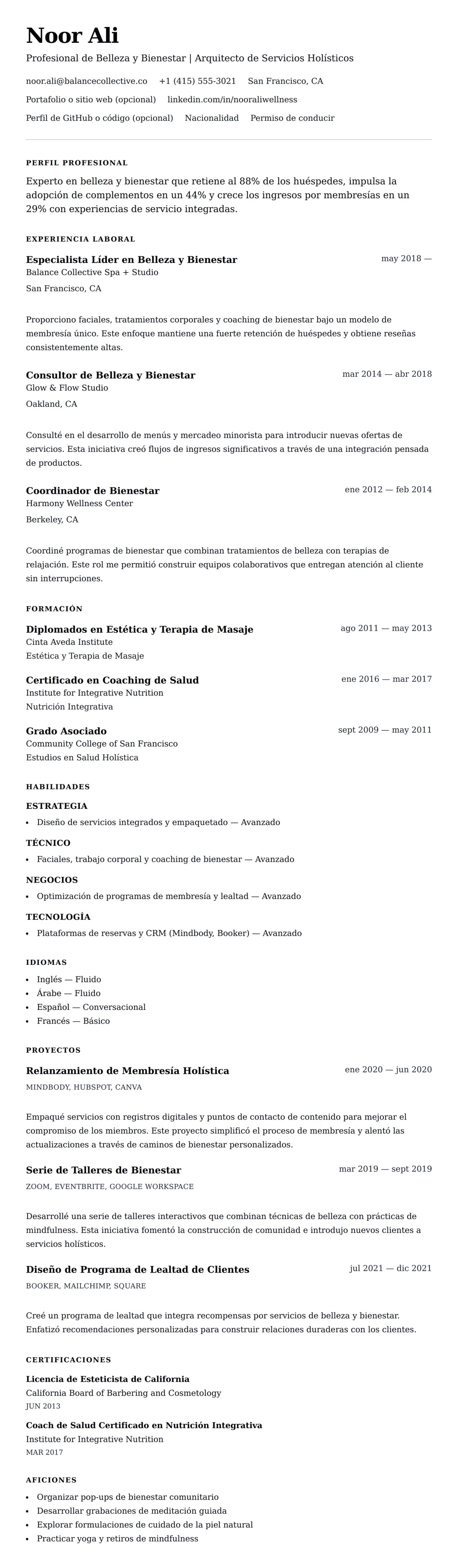 Vista previa del currículum Ejemplo de Currículum de Profesional de Belleza y Bienestar