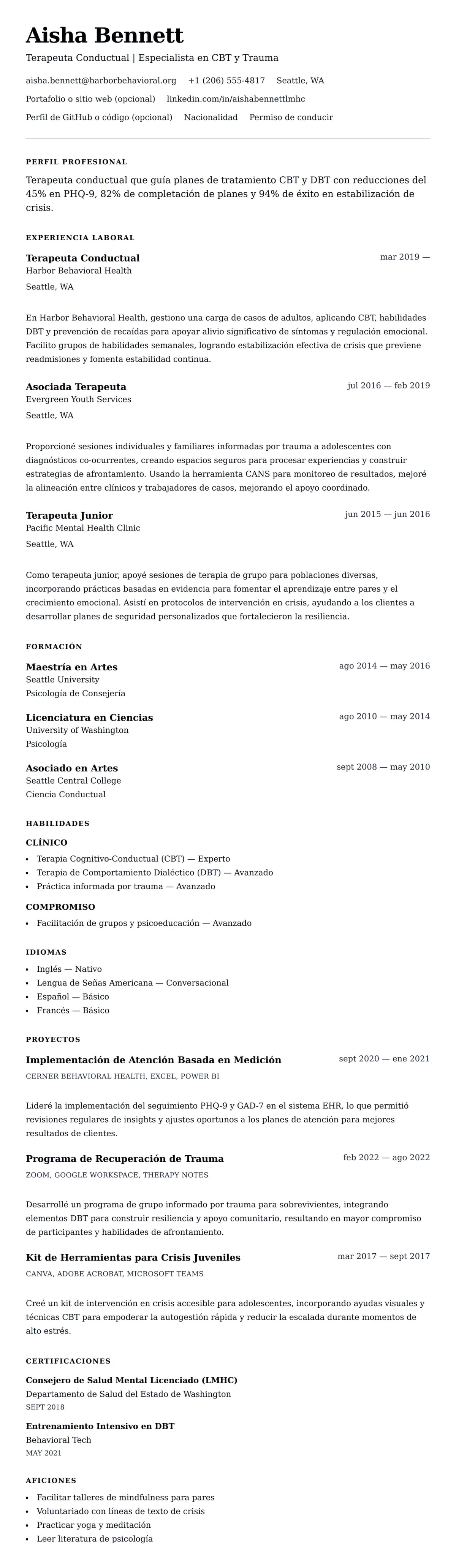 Vista previa del currículum Ejemplo de Currículum de Terapeuta Conductual