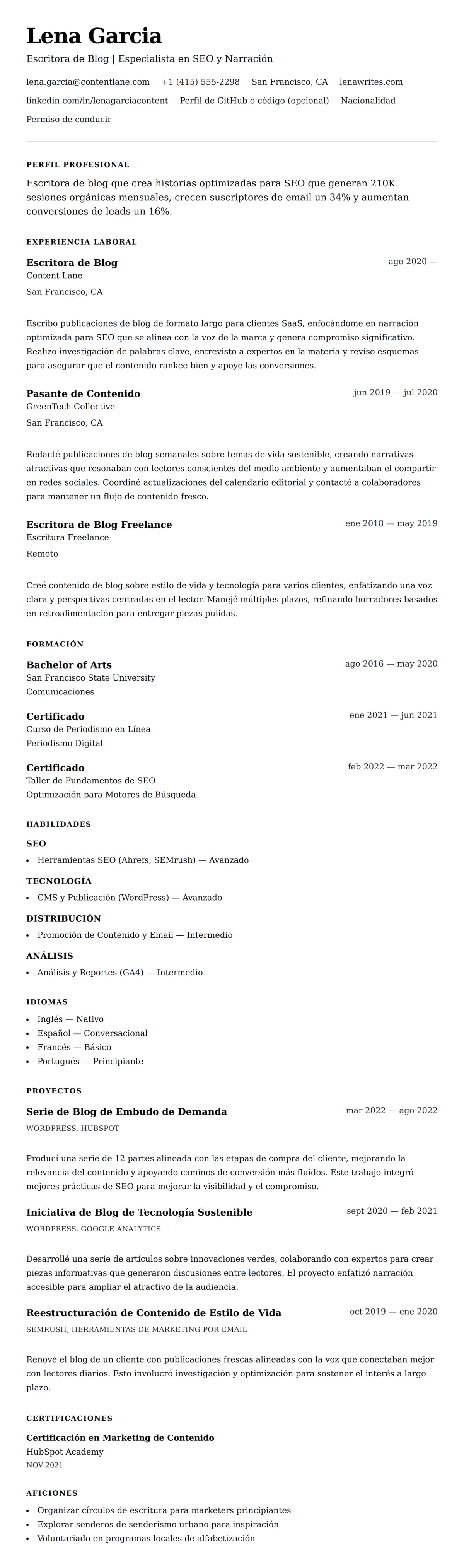 Vista previa del currículum Ejemplo de Currículum de Escritor de Blog