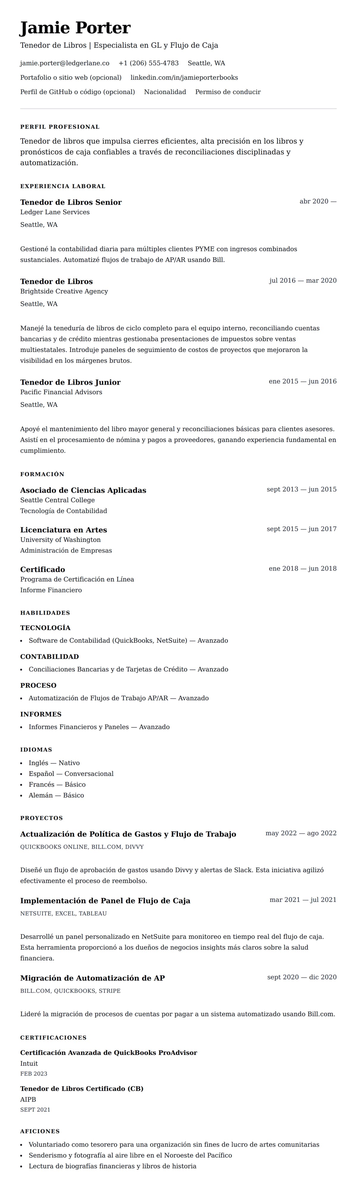 Vista previa del currículum Ejemplo de Currículum de Tenedor de Libros