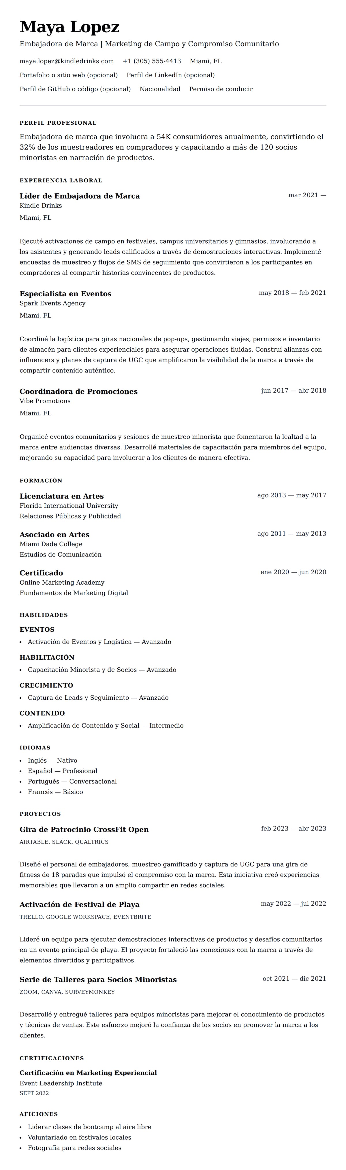 Vista previa del currículum Ejemplo de Currículum de Embajador de Marca