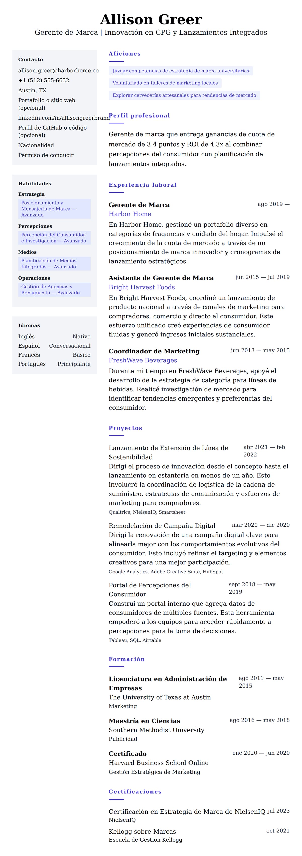 Vista previa del currículum Ejemplo de Currículum de Gerente de Marca