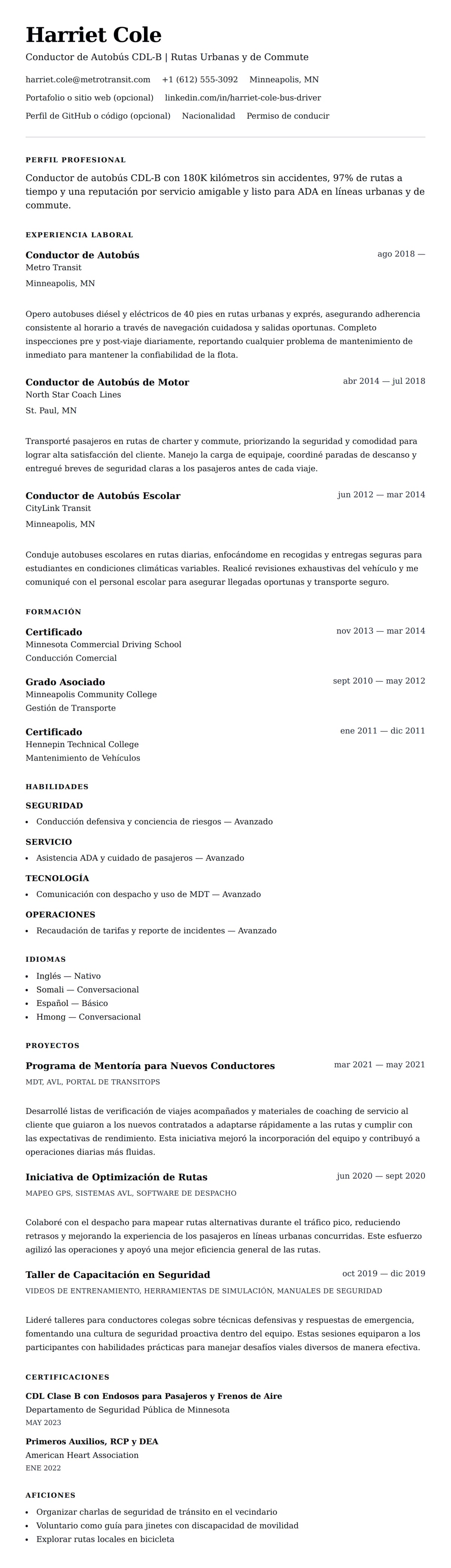 Vista previa del currículum Ejemplo de Currículum de Conductor de Autobús