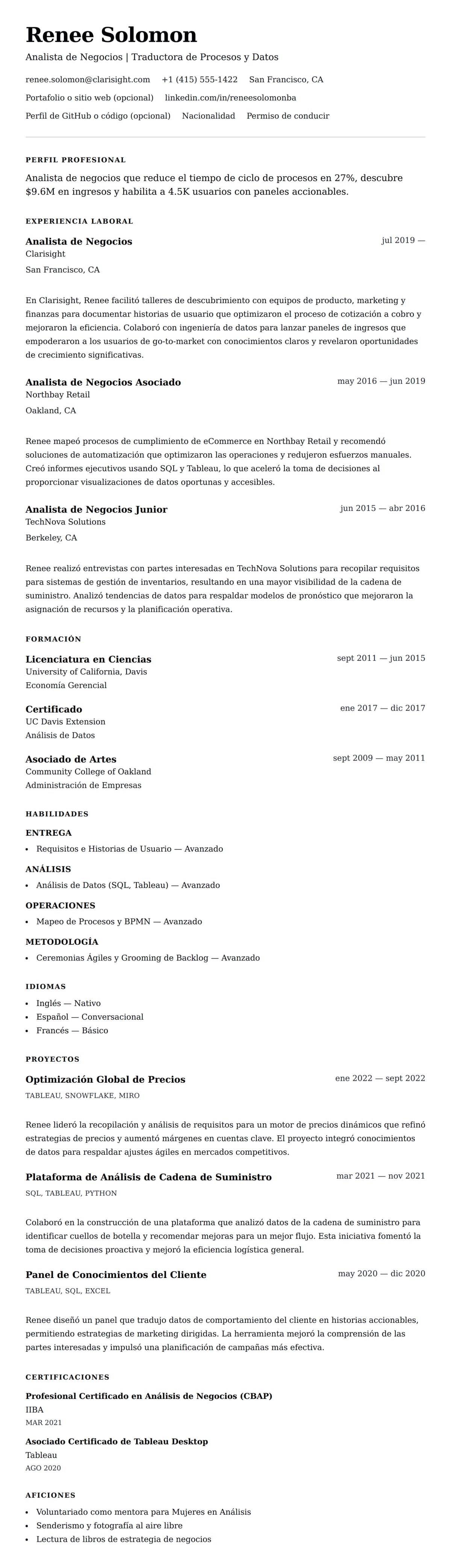 Vista previa del currículum Ejemplo de Currículum de Analista de Negocios